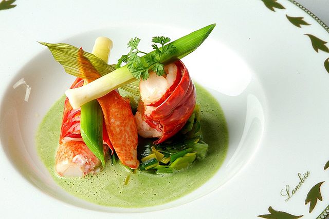 Jacques Lameloise, crayfish escabeche on asparagus and watercress gazpacho