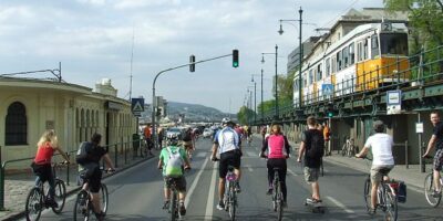 A picture of I bike Budapest 2016. Cycling in a street.
