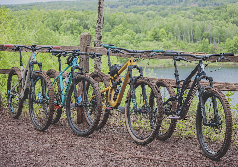 Dirty mountain bikes parked