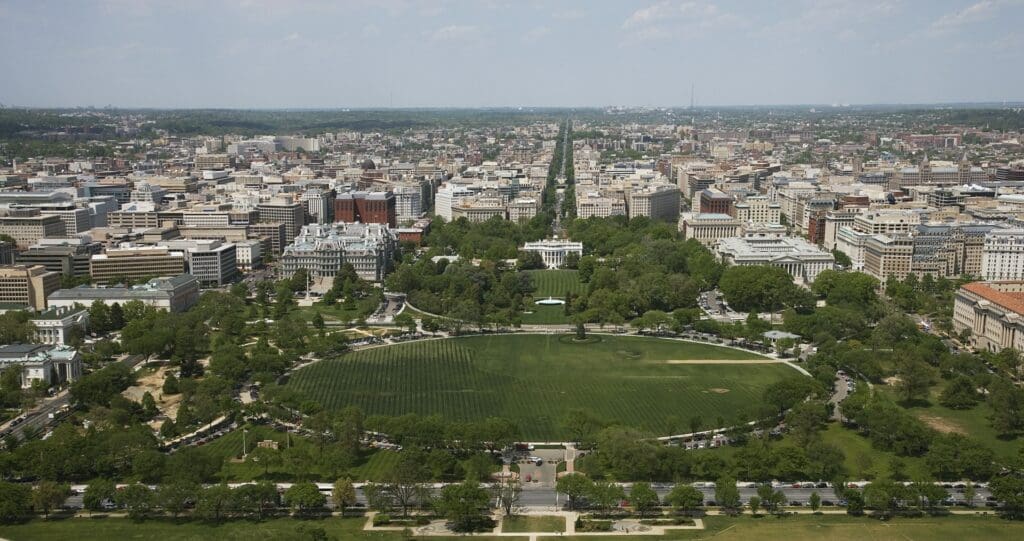 Aerial view of White House and downtown, Washington, D.C 