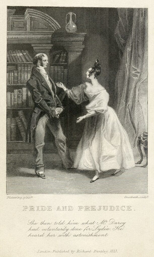 An 1833 engraving of a scene from Chapter 59 of Jane Austen's Pride and Prejudice