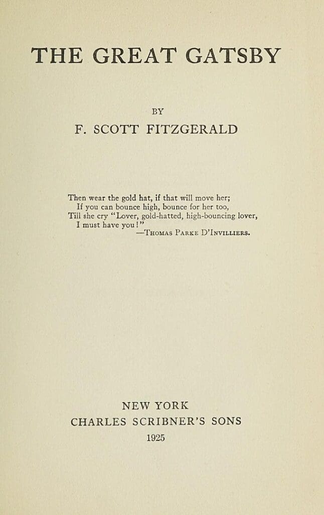 Title page of the 1925 first edition of F. Scott Fitzgerald's The Great Gatsby