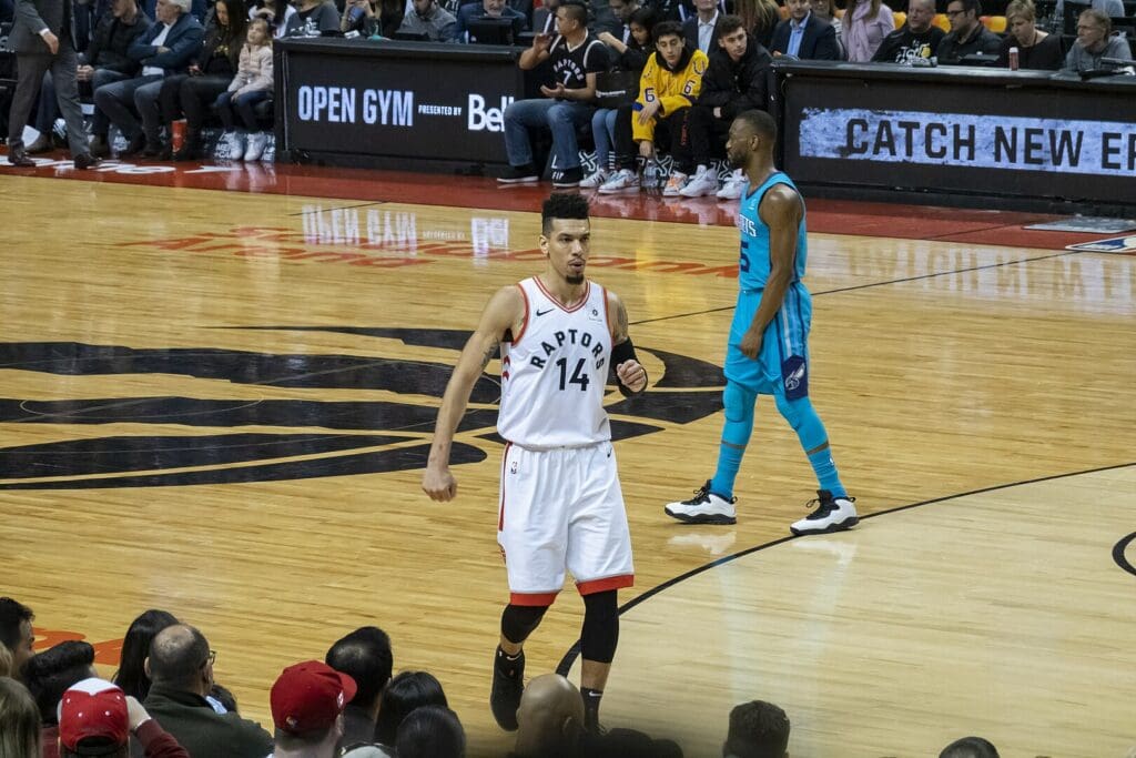 Danny Green playing for Toronto Raptors in 2019 Scotiabank Arena v Charlotte Hornets