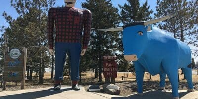 Paul Bunyan and Babe the Blue Ox stand near the south shore of Lake Bemidji.