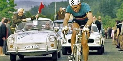 Near the end of the 1966 World Road Race Championship at the Nürburgring, Germany and Eddy Merckx heads for 12th place.