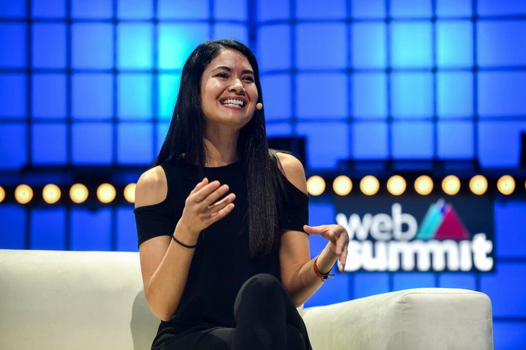 5 November 2019; Melanie Perkins, Co-founder & CEO, Canva, on Centre Stage during the opening day of Web Summit 2019 at the Altice Arena in Lisbon, Portugal. Photo by David Fitzgerald/Web Summit via Sportsfile