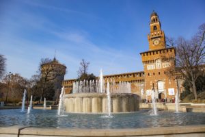 Water fountains in front of Sforzesco Castle