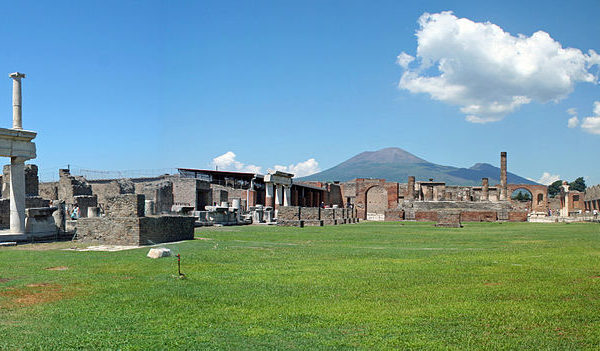 Panoramic view of the Forum of Pompeii with Vesuvius