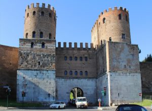 Entrance port into old Rome city Porta san Sebastiano in Aurelian Walls in Italy