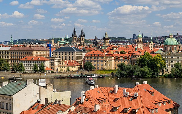 Prague view from Lesser Town Tower of Charles Bridge