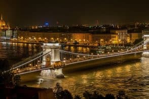 Night view of The Széchenyi Chain Bridge from Buda Castle in Budapest, Hungary