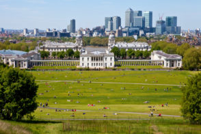 The magnificent view from the Greenwich Observatory taking in sights such as Docklands and the Royal Naval College in London