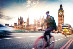 Cycling on Westminster Bridge with Big Ben on the background